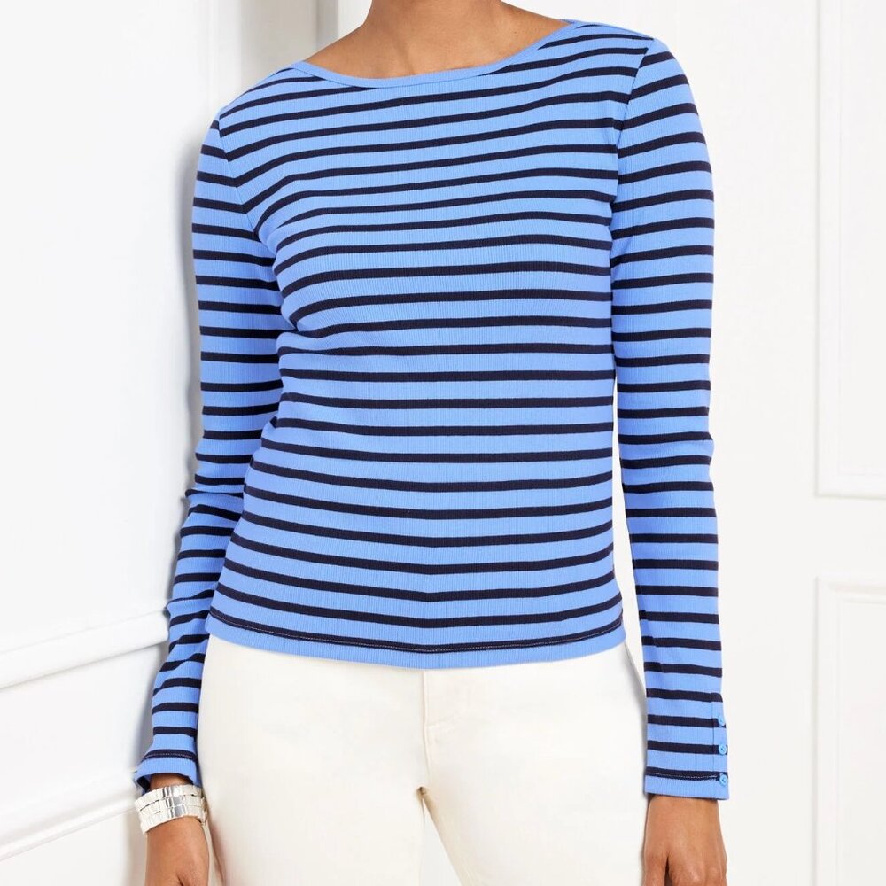 NWT Talbots 1X Blue Stripe Button Cuff Long Sleeve Bateau Neck Hutton Stripe Tee